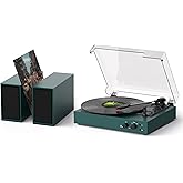 Retro Bluetooth Record Player with External Speakers, 3-Speed Belt-Drive Turntable, USB to PC Recording, AUX & RCA Output, Auto Stop, Vintage Vinyl Player with Modern Design, Green