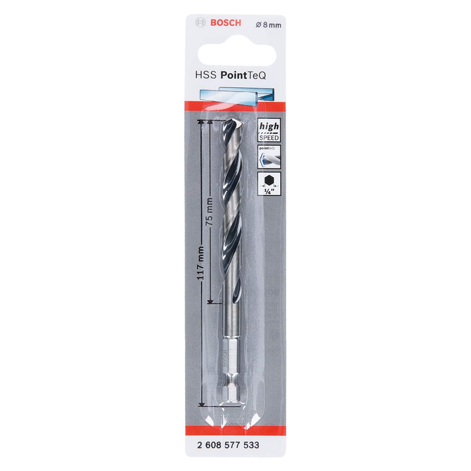 Bosch Professional PointTeQ Hex Drill Bit (for Metal, Ø: 8.0 mm, Total Length: 117 mm, ¼’’ Hex Shank, Accessory for Impact Drivers and Drill Drivers)