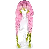 Mitsuri Cosplay Wig Pink and Green Braided Anime Wig with Bangs Kanroji Costume Wigs 35.4'' Synthetic Fiber Hair for Women Halloween Party