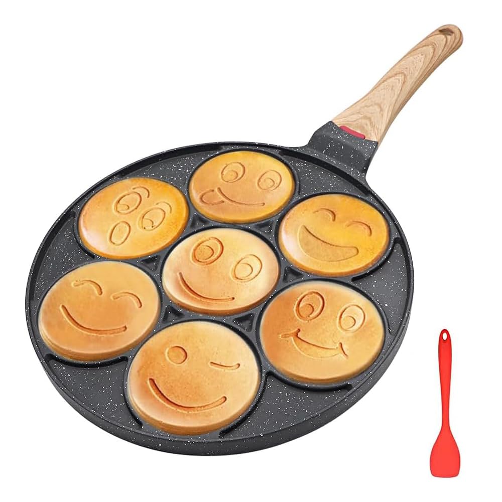 Bobikuke Smiley Face Pancake Pan, Pancake Frying Pan Non Stick, 7 Holes Mini Pancake Maker for Kids, Crepe Pan 26cm - Black — image 1