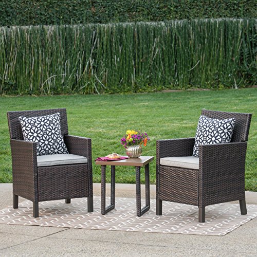 Casas Outdoor 3 Piece Multibrown Wicker Chat Set with Light Brown Water Resistant Cushions and M ...