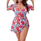Eagerbuy Women's Plus Size Swim Dress One Piece Swimsuit Tummy Control Swimsuit Modest Ruffle V Neck Swimwear
