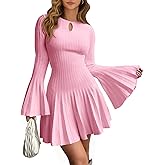 Saodimallsu Womens Long Bell Sleeve Mini Knit Dress Flowy A Line Pleated Bodycon Crew Neck Elegant Short Sweater Dresses