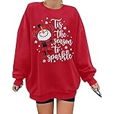 UNIQUEONE Christmas Sweatshirt For Women Tis The Season To Sparkle Shirt Snowman Tees Oversized Christmas Long Sleeve