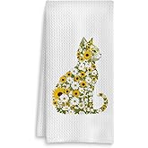 Fuasei Daisy Floral Cat Kitchen Towel, Floral Cat Hand Towel for Bathroom Decor, Kitten Dish Tea Towel for Kitchen Decor, Pet Gifts for Kitten Lovers Women Girls,