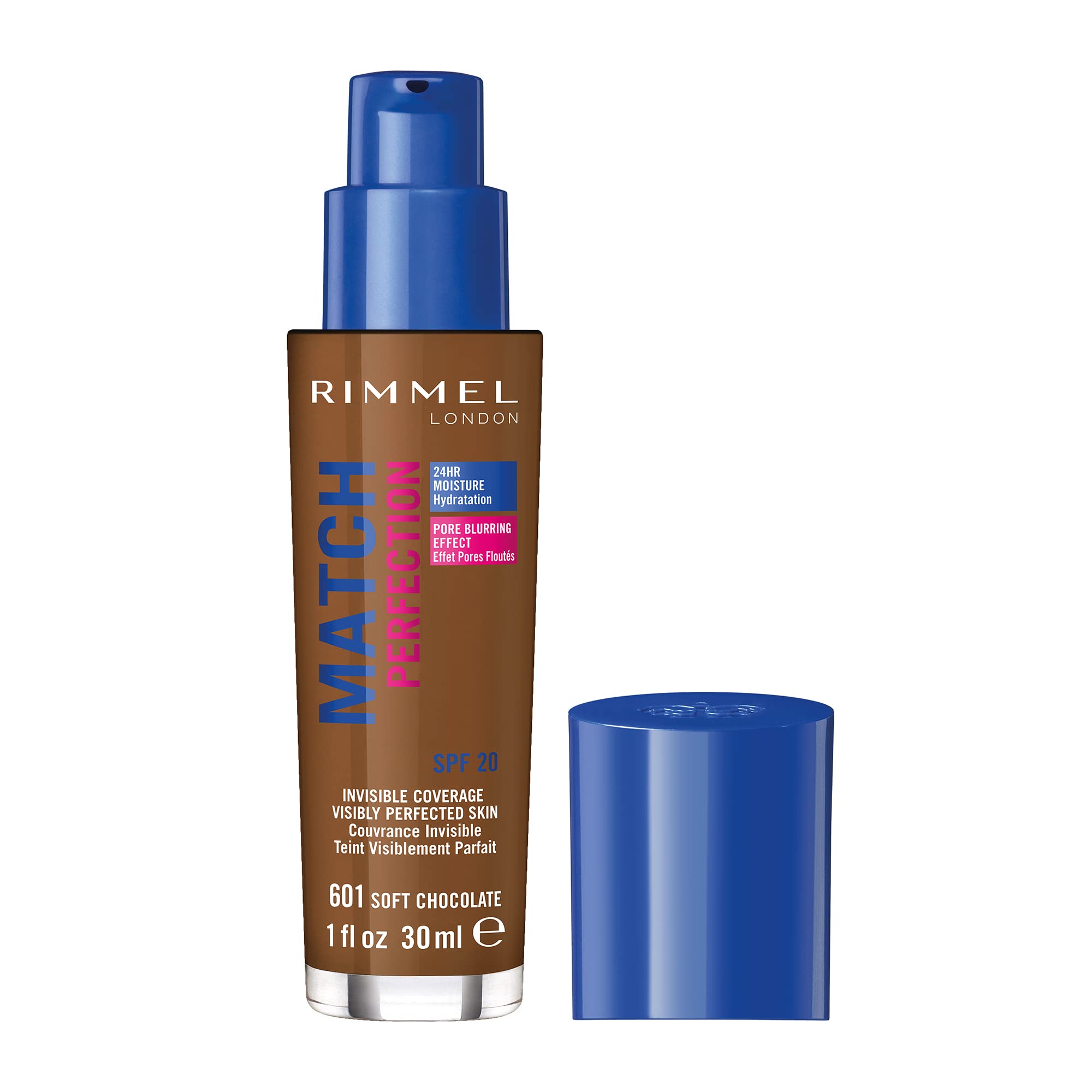 Rimmel Match Perfection Foundation 601 Soft Chocolate, Medium Coverage, 24hr Hydration, No Caking or Creasing, Lightweight, Reduces Imperfections, Invisible Coverage, SPF20, Cruelty Free
