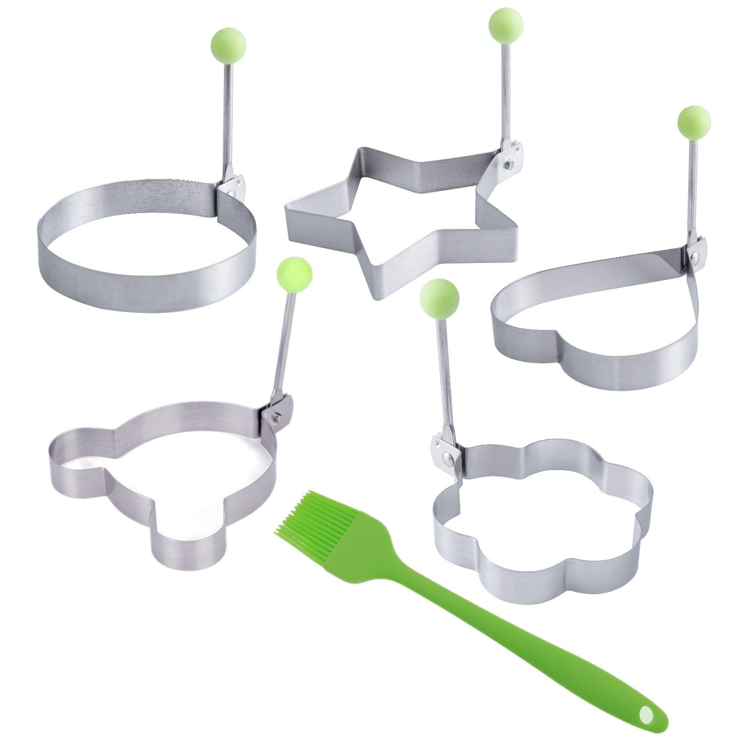 JZK 5 X Fried Egg Moulds for Frying pan + Silicone Brush, Mini Pancake Maker Molds Shaper Tool, Stainless Steel Egg Ring molds with Handle