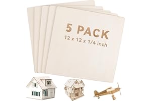 FSWCCK Unfinished Blank Square Wood Pieces, 5 Pack 6 mm 1/4" x 12" x 12" Craft Wood, Plywood Board Basswood Sheets, Perfect for DIY Projects, Drawing, Painting, Laser, Burning (5 Pcs 1/4" x 12" x 12")
