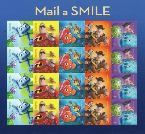 Mail a Smile-A Bug's Life, Toy Story 2, Monsters, Inc. Finding Nemo, The Incredibles. Sheet pane of 20 (Forever) US stamps