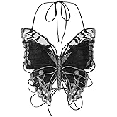 Women Butterfly Halter Top Sexy Lace Up Camisole Backless Crop Top Gothic Punk Cami Rave Outfits