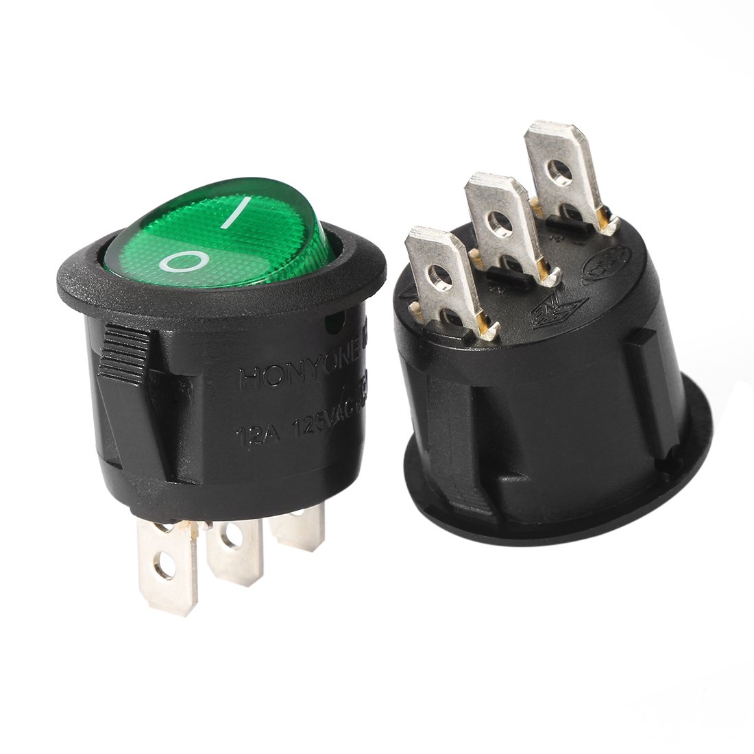 Sourcingmap Green Lamp Illuminated 3 Terminal SPST 2 Position I/O On/Off Button Toggle Round Rocker Switch AC 250V/10A 125V/12A