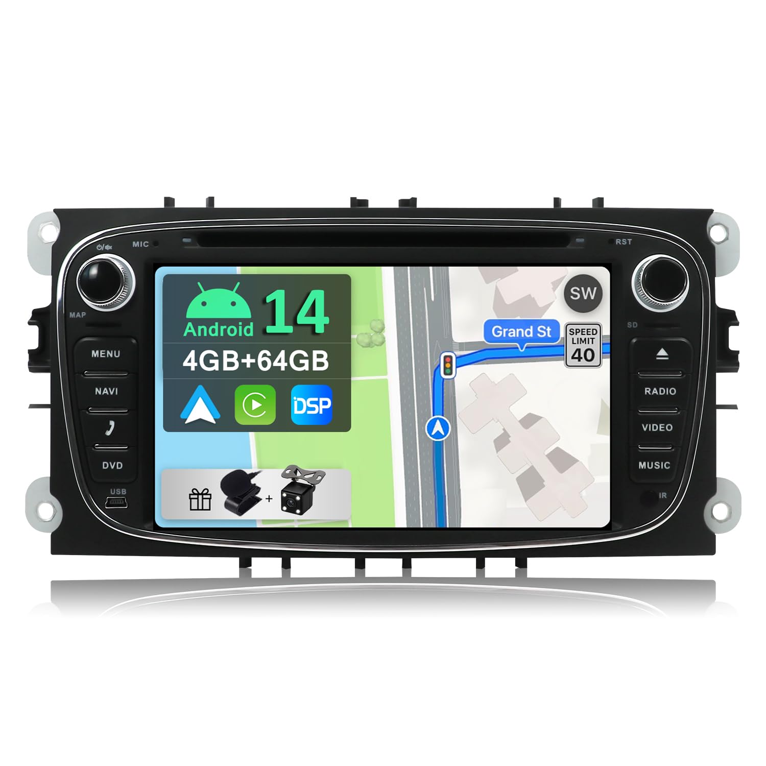 YUNTX [PX6+DSP] Android 14 Car Stereo Fit for Ford Focus/Mondeo/Smax/C-max/Galaxy/Connect - [4G+64G] - GPS 2 Din - Free Rear Camera - Support DAB/Steering wheel control/WiFi/Bluetooth 5.0/Mirrorlink
