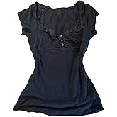 Grunge Emo Goth Shirts Y2k Lace Bow Coquette Babydoll Tops Women Vintage Graphic Tee 2000s Summer Crop Tops
