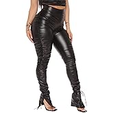 Sexy Women Faux Leather Leggings High Waisted Pleated Leather Tights Splits Hem Stacked Pants