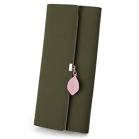 UTO Damen PU Leder Lange Brieftasche mit Blatt Anhänger Kartenhalter Handytasche Mädchen Reißverschluss Geldbörse Olive