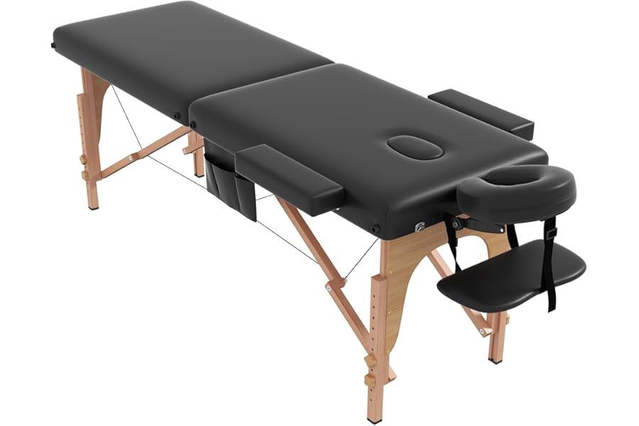 civama Massage Table Massage Bed Portable, 29 LBs Light Weight 2 Section Foldable Tattoo Bed Facial Care Spa Lash Bed Height Adjustable Sturdy Wooden Frame with Accessories Carrying Bag, Black