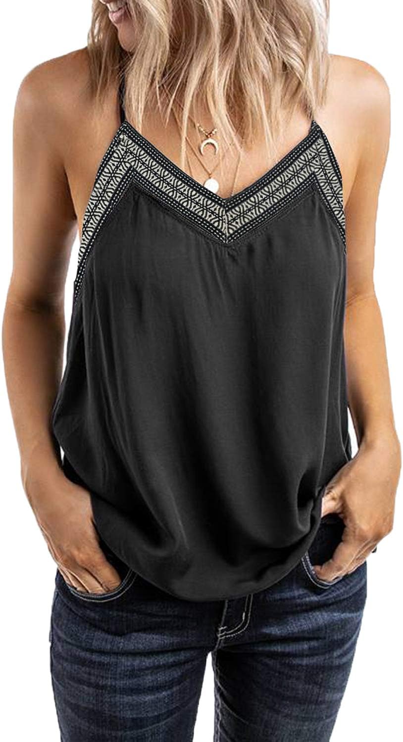 Bdcoco Women's V Neck Embroidery Tank Tops Loose Sleeveless Strappy Shirt Blouses