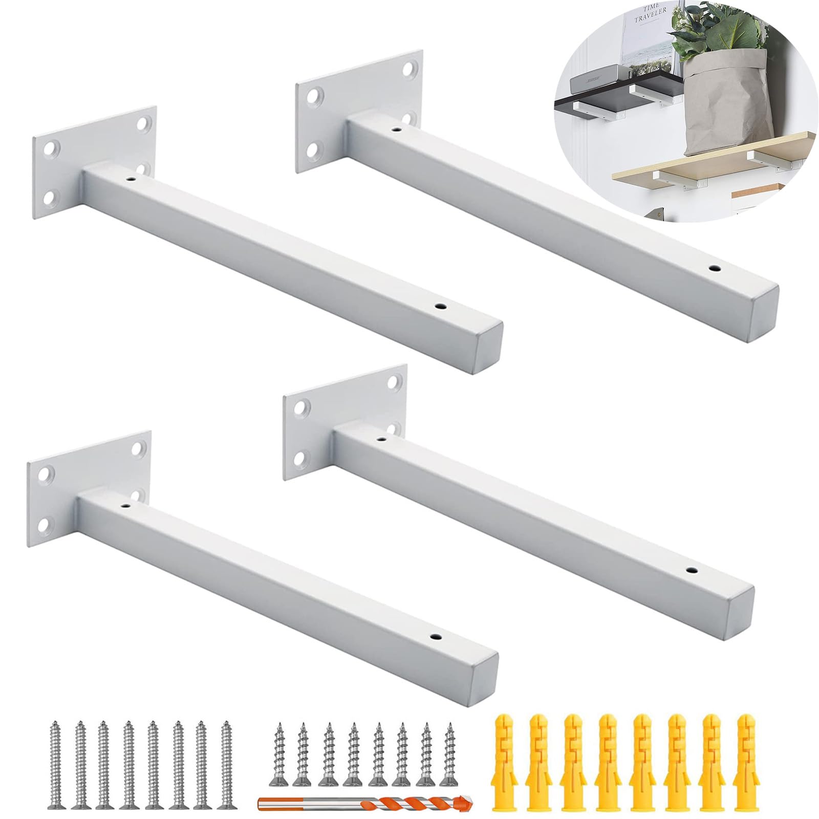 4 Pack Multi-Sized Heavy Duty Shelf Brackets, Steel Thickened Floating Shelf Supports with Hardware for Wall Shelves, 110lbs Load Capacity (White, 12-inch)