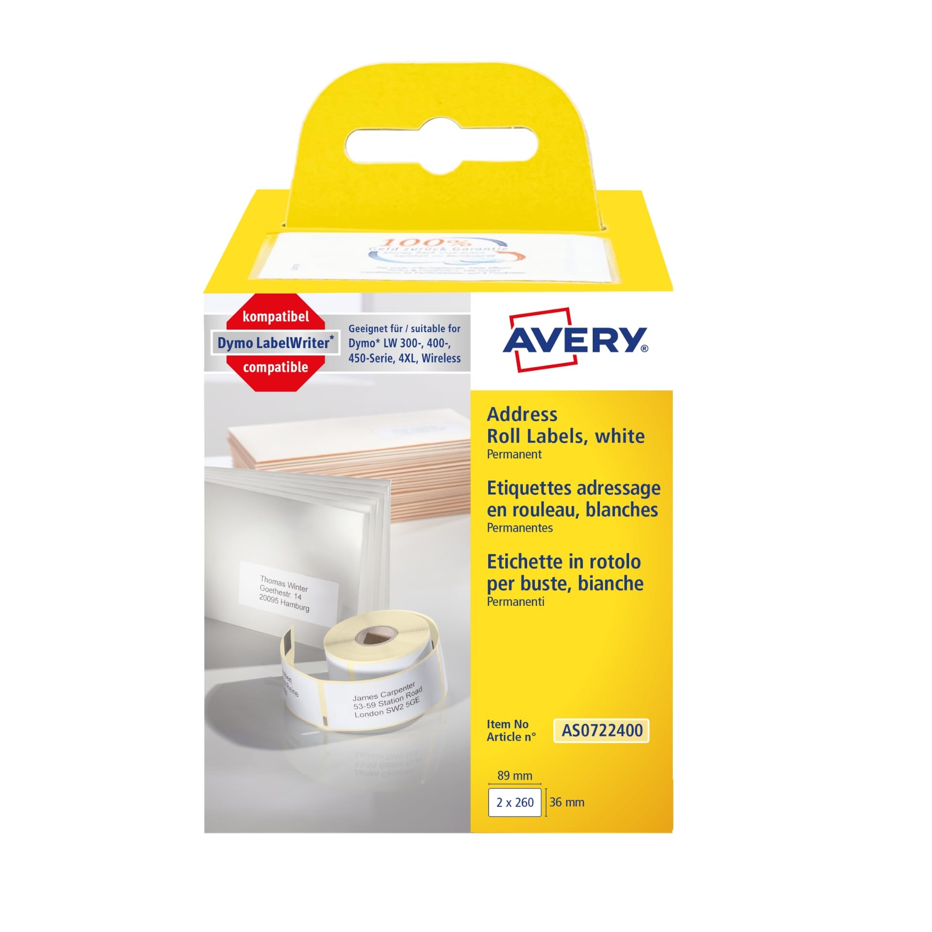 Avery Dymo LabelWriter Compatible with 0722400 White 520 Labels 89 x 36 mm White AS0722400