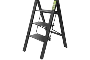 3 Step Ladder, RIKADE Folding Step Stool with Wide Anti-Slip Pedal, Aluminum Portable Lightweight Ladder for Home and Office Use, Kitchen Step Stool 330lb Capacity Black