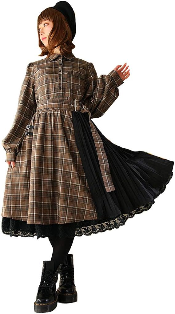 Amazon 大きいサイズ Favoriteオリジナル レイヤードチェック プリーツの個性派ロングワンピース ブラウン ワンピース チュニック 通販