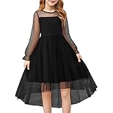 Haloumoning Girls Dresses Kids Contrast Mesh Long Sleeve Twirly High Low Birthday Party Formal Dress 5-14 Years