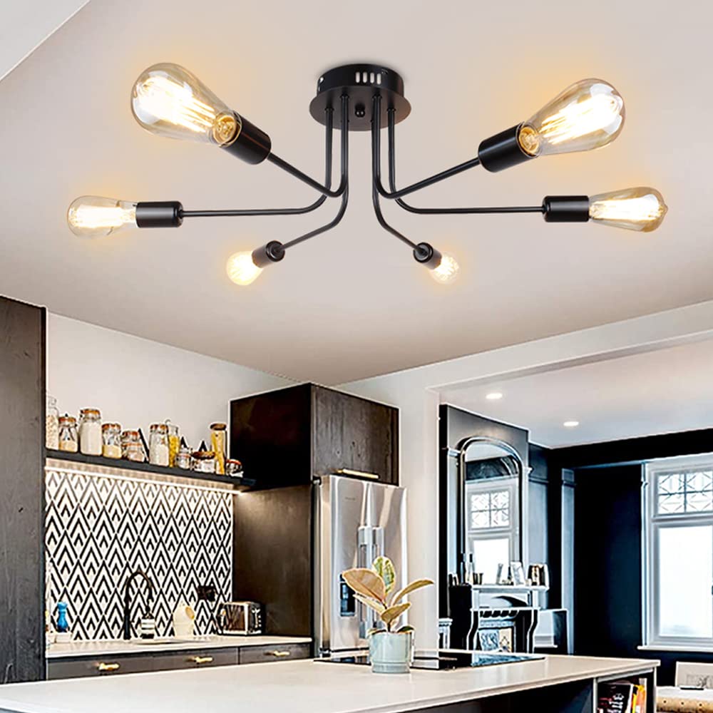 ASCELINA Modern Ceiling Light Fitting, Mid Century Sputnik Chandeliers Vintage 6 Light Semi Flush Mount Brass Ceiling Lamp or Living Room Bedroom Kitchen Room and Dining Room (Black)