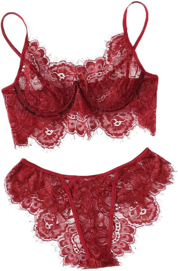 Lingerie Set, Women Floral Lace Sheer Bra and Panty Set 2 Piece Nightwear