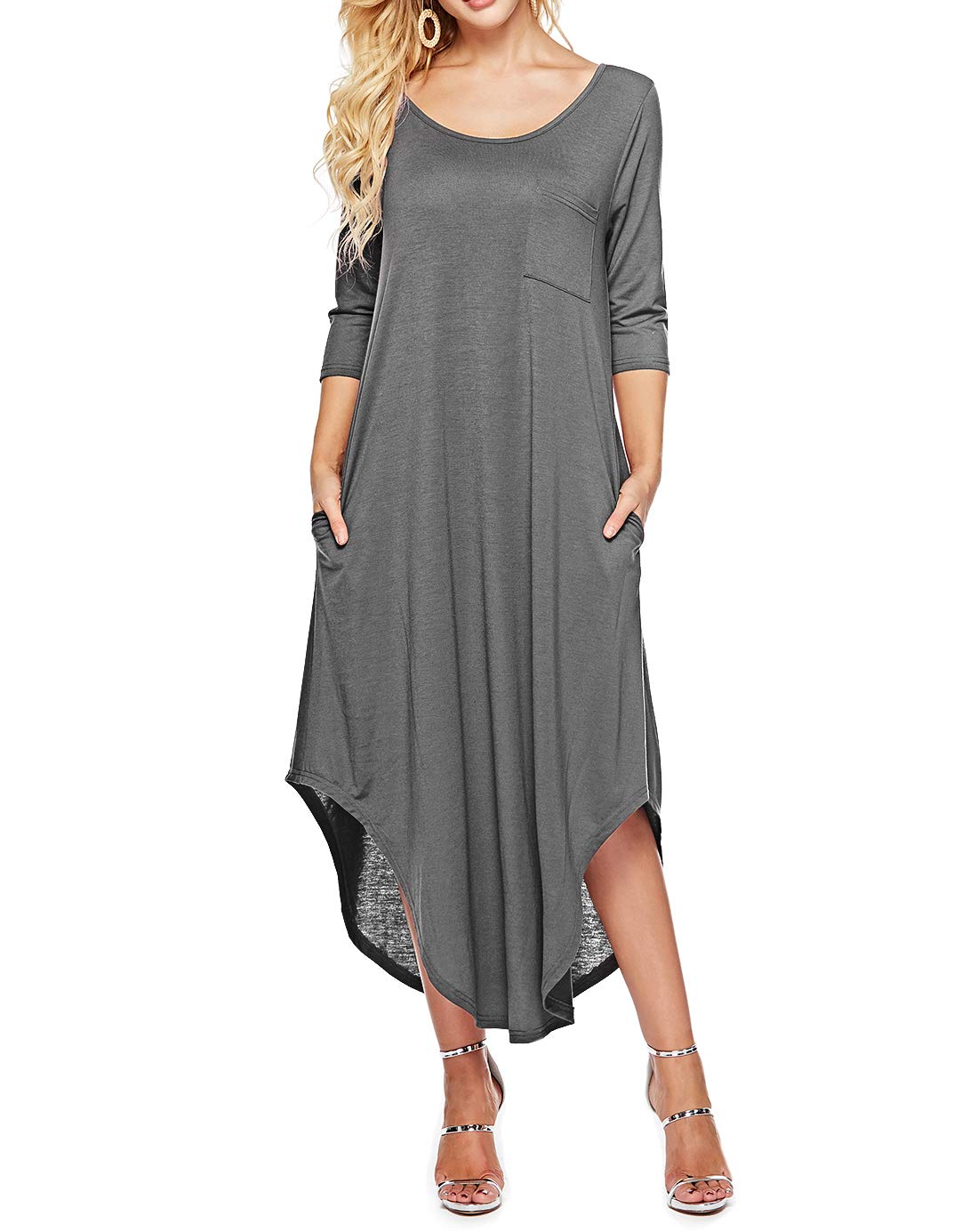Womens Dresses Round Neck 3/4 Sleeve Side Split Loose Casual Long Maxi Dress with Pockets Grey XL