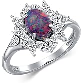 Sterling Silver 9 Colors Black Purple Opal Ring Opal Engagement Rings for Women Opal Promise Ring Opal Gemstone Oval Sunburst Halo Ring for Women Birthstone Anniversary Ring Size 5 to 9-1