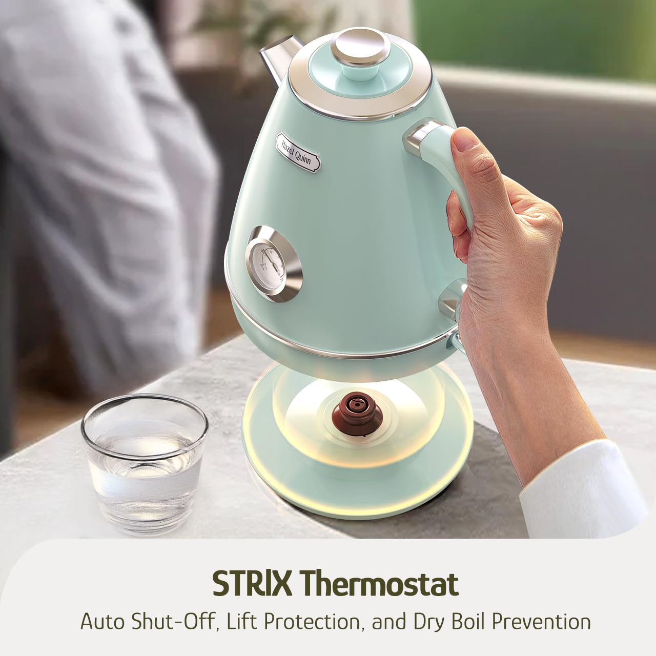 Hazel Quinn Hervidor eléctrico retro - Tetera de 1,7 litros / 57,5 ​​onzas con termómetro, totalmente de acero inoxidable, 1200 vatios de ebullición rápida, sin BPA, inalámbrico, apagado automático - Verde menta