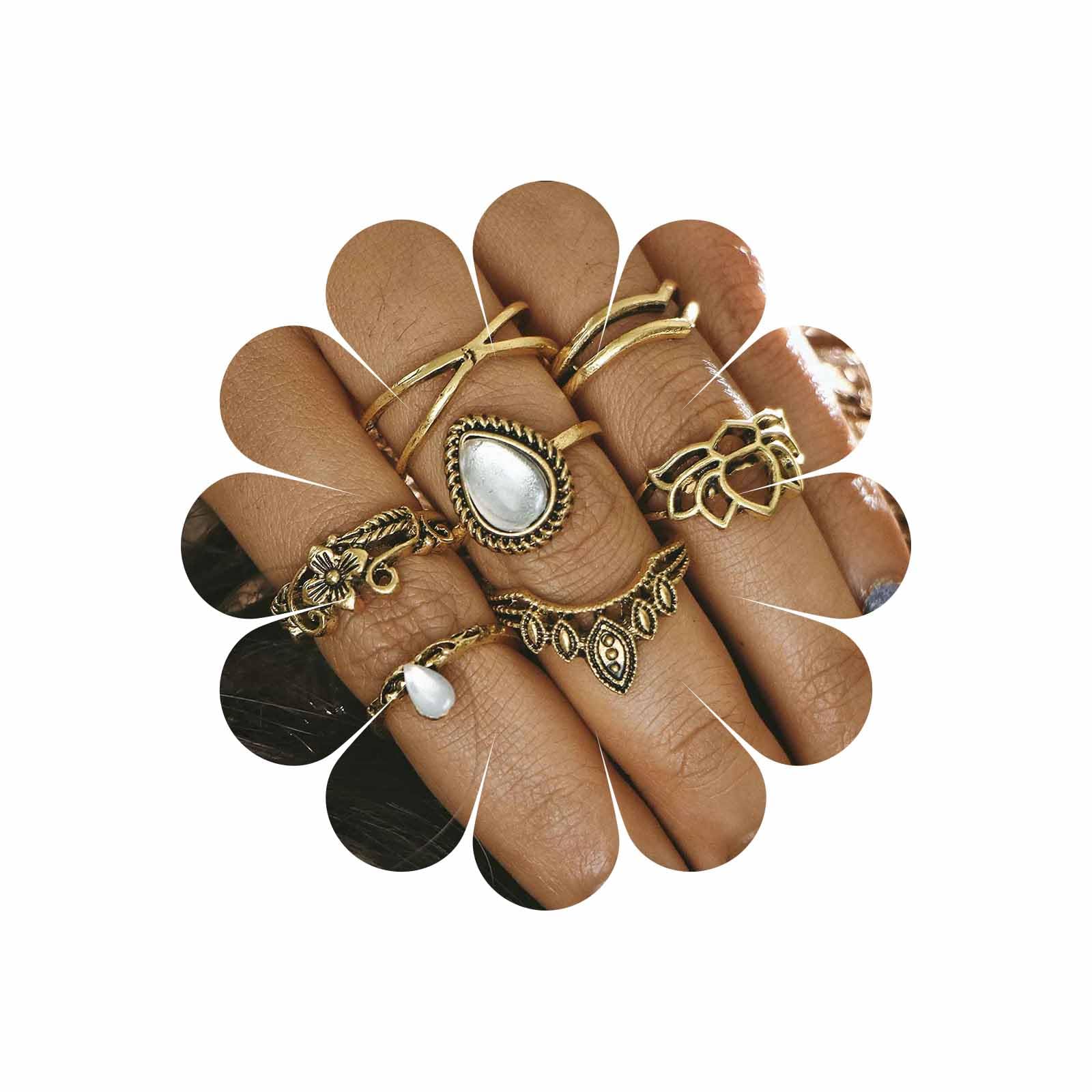 TseenYi Boho Knuckle Rings Gold Yoga Lotus Rings Set Stacking Retro Moonstone Joint Rings Vintage Midi Rings Fashion Hand Accessories Jewelry for Women and Girls