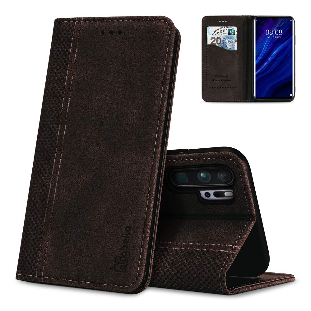 AKABEILA Case for Huawei P30 Pro Premium Leather Flip Wallet Case with Magnetic Closure Kickstand Card Slots Folio Phone Case Cover Protective Shockproof Dark Brown