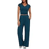 BTFBM Womens 2 Piece Outfits Spring 2026 V Neck Cap Sleeve Ruched Top Wide Leg Pants Sets Rib Knit Lounge Matching Set