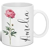 Custom Coffee Mug Personalized Birth Flower &amp; Name Coffee Cup Birthday Gift | 11oz Large Ceramic Pretty Floral Cute Tea Mugs Gift for Women Girls Mom Wife Grandma Daughter Sister Coworker Best Friend