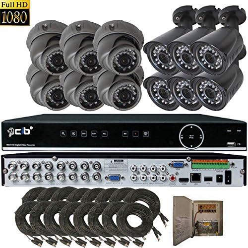 CIB Security H80P16K2T5603G-12KIT 16CH 1080P DVR, 2TB HDD &amp; 12x2.1-MP 1920TVL Night Vision Camera, 6XDome, 6XBullet, White