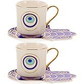 Zerodeko 2-Pack Evil Eye Ceramic Teacup & Saucer Set - Modern, Dishwasher Safe, Lightweight, 10.5x7.5x7.5cm, White, Floral Pattern