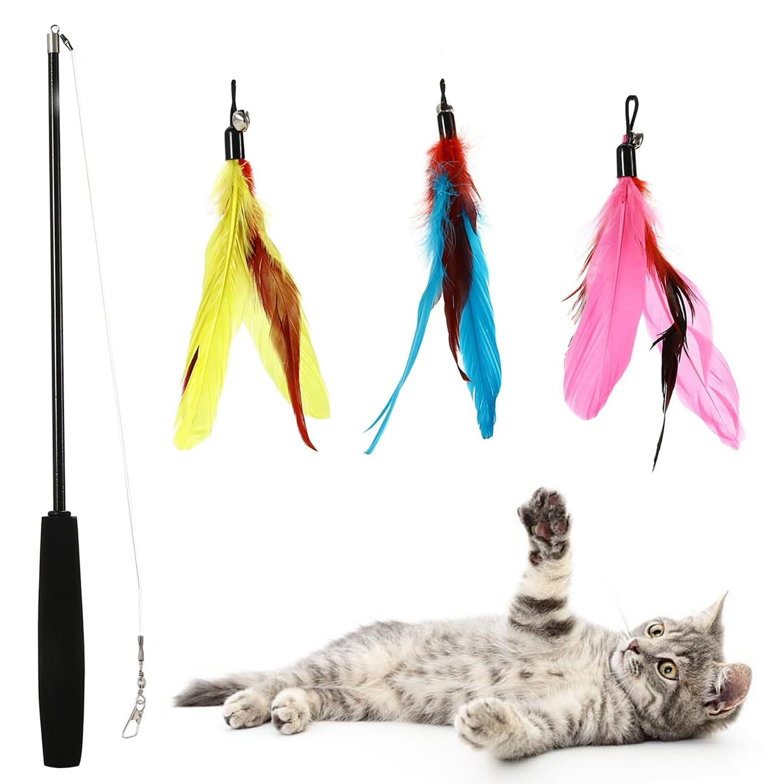 Cat Feather Toys & Wand - Interactive Flirt Pole & Retractable Teaser for Indoor Cats & Kittens - 3 Refill Pack