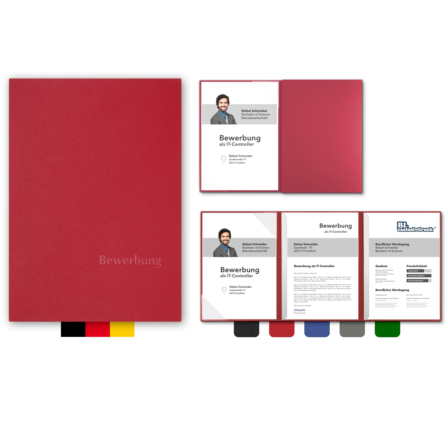 BL-exclusivdruck® Optima-Plus 3-Part Application Folders in Ruby Red - Premium Quality with Elegant Relief Embossing 'Bewerbung' - Product Design by 'Mario Lemani' (Pack of 5)