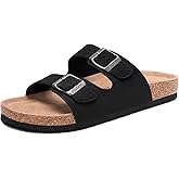 FITORY Womens Flat Sandals with Cork Footbed, Open Toe Slides Adjustable Slip On Slippers for Summer Size 6-11