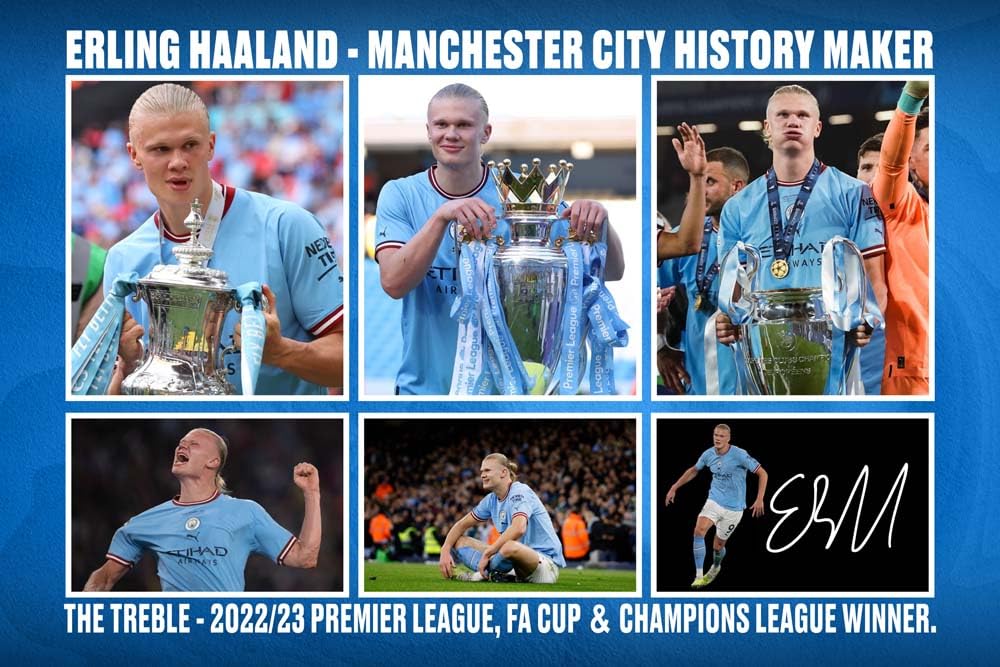 RJR PRINTS Erling Haaland - Manchester City Treble Celebration Signed 12x8 Inch Montage Photo Print Pre Printed Signature Autograph Football Gift