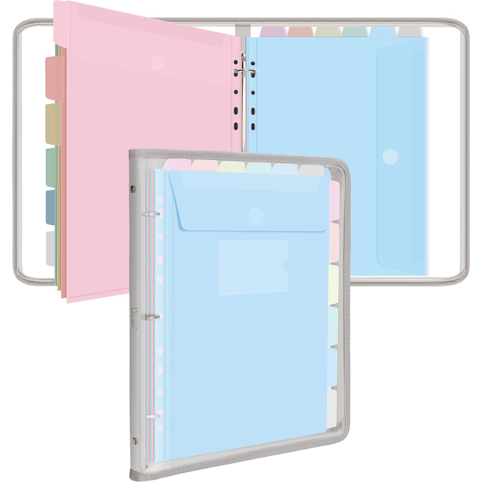 Photo 1 of Uquelic Document Organizer, Soft PVC Binder with 12 Colorful Pockets - Zipper Binder 3 Ring with Dividers Letter Size (11'' x 8.5'')-Large Capacity Cute Folder for School, Office & Home Use? (Grey)