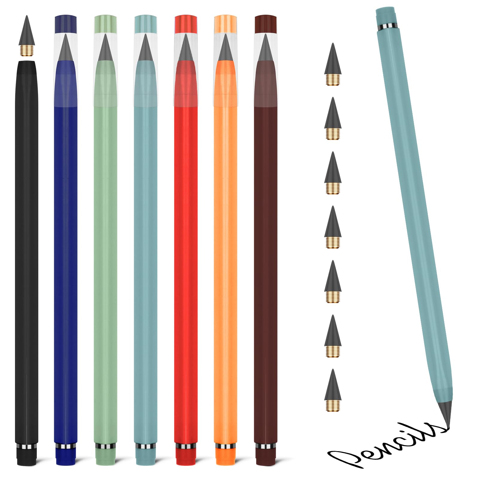 Vicloon Everlasting Inkless Pencils, 7pcs Replaceable Nib Pencil Set with White Eraser for Kids, Adults, Home, Office, School (Multicolor)