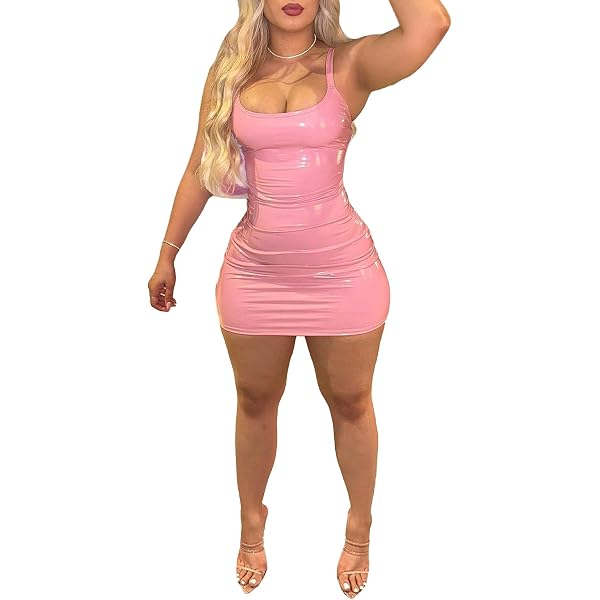 Amazon.com: sedmoda Women Sexy Faux Leather Mini Dress Spaghetti Strap  Bodycon PU Short Dresses Party Club Outfits Pink : Clothing, Shoes & Jewelry