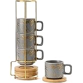 LUKA Porcelain Espresso Cup with Saucer and Metal Stand, 4 Ounce Stackable Ceramic Demitasse Espresso Mugs Cups Set for Latte, Specialty Coffee Drinks, Cafe Mocha,Tea - Set of 4, Gray