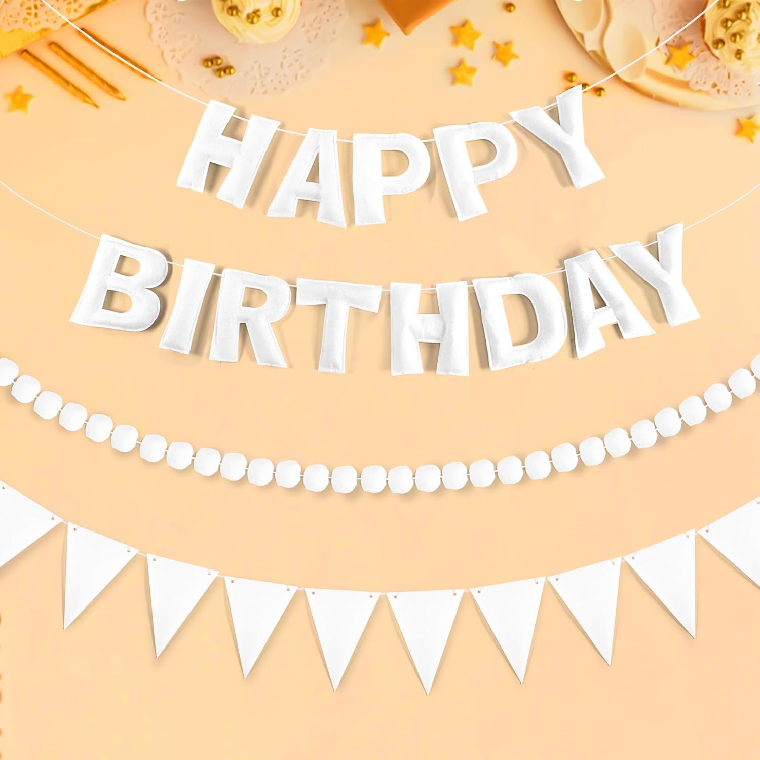 Reusable Felt Happy Birthday Banner - Felts Fabric Banner Felt Ball Garland - Happy Birthday Garland, Handmade Letters & Balls Personalized Party Sign for Birthdays Party Decorations (White) — image 1
