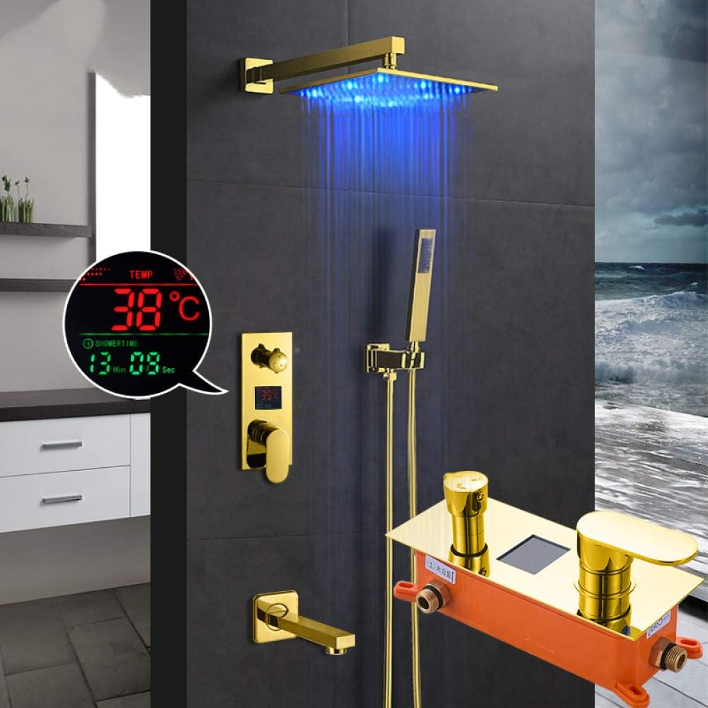 LinYu Gold Digital Shower Faucets Set LED Rainfall Shower Head Golden 3-Way Digital Temp Display Mixer Tap Tub Spout Shower,12 inch Full Set
