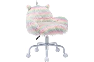 DM Furniture Cute Unicorn Kids Desk Chair with Arms, Swivel Rolling Ergonomic Computer Chair for Girls' Reading and Study, Rainbow Faux Fur Vanity Desk Chair
