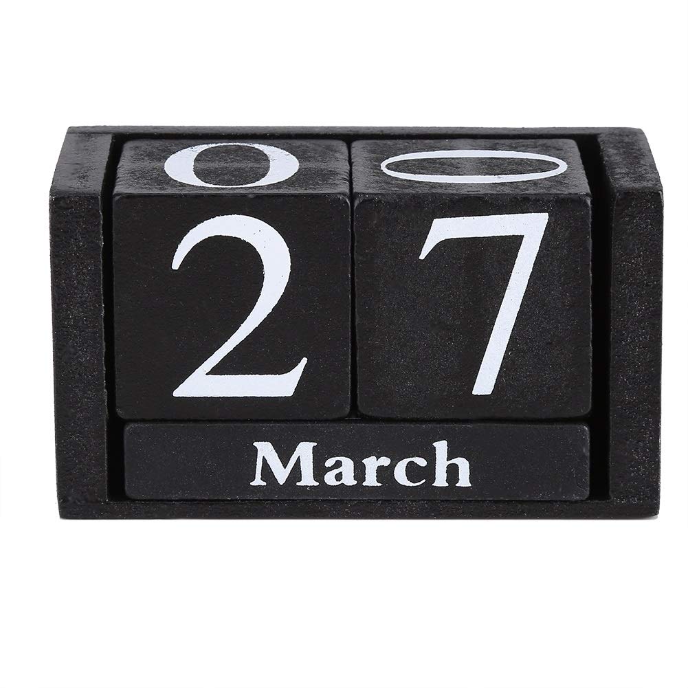 Nikou Vintage Perpetual Calendar, Wood Calendar, Mini Desktop Calendar Wooden Block Month Date Number Display for Home Office Decoration (Black)