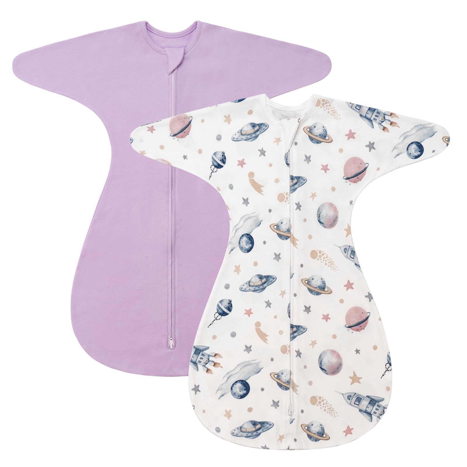 Photo 1 of ZIGJOY Shark-Fin Transition Swaddle - 1.0 Tog Baby Sleep Sack Soft Cotton Transitional Swaddle Baby Wearable Blanket with 2-Way Zipper for All Seasons, Purple&Space, 6-12 Months
